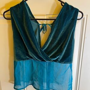 Elegant Teal Velvet and Sheer Blouse